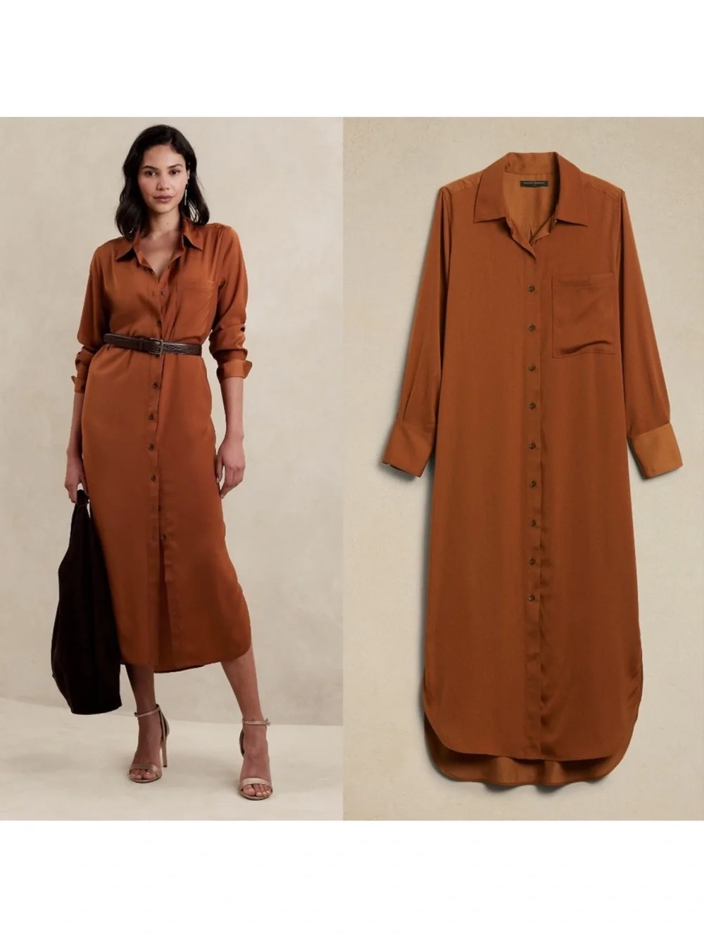 Banana Republic Long Button-Front Shirt Dress in Rust - Picture 2 of 4